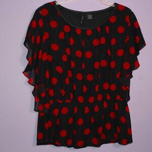 Red and Black Polka Dot Ruffled Blouse Layered Size XL Elastic Waist